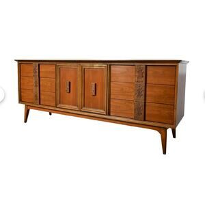 Bassett Mayan Walnut Credenza Long Dresser Marble Insets Mid Century Modern